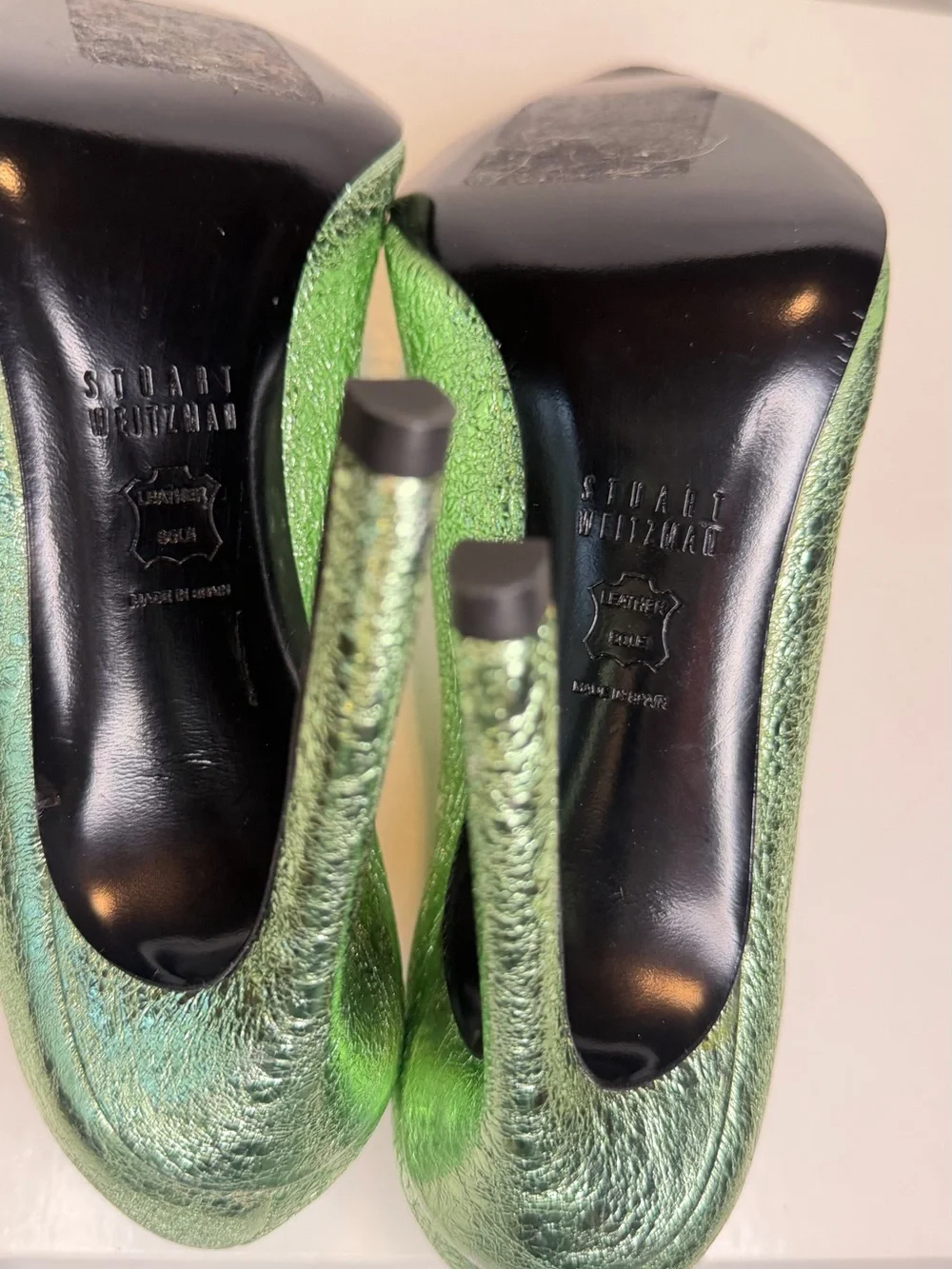 Stuart Weitzman Metallic Lime Green Cutout Pointed-Toe Pumps - Picture 5 of 6
